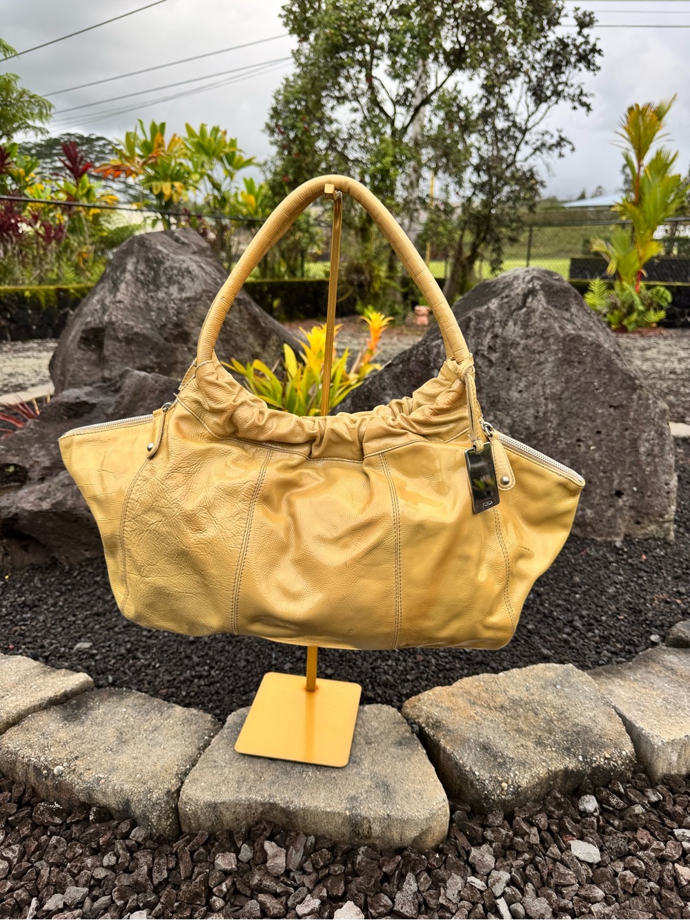 Furla Large Patent Leather Tote Bag Gold Champagne Made in Italy Fair condition